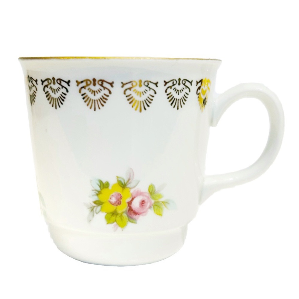 MZ Czechoslovakia Porcelain Espresso Cup Mug Tea Coffee Flowers Yellow Pink Gold